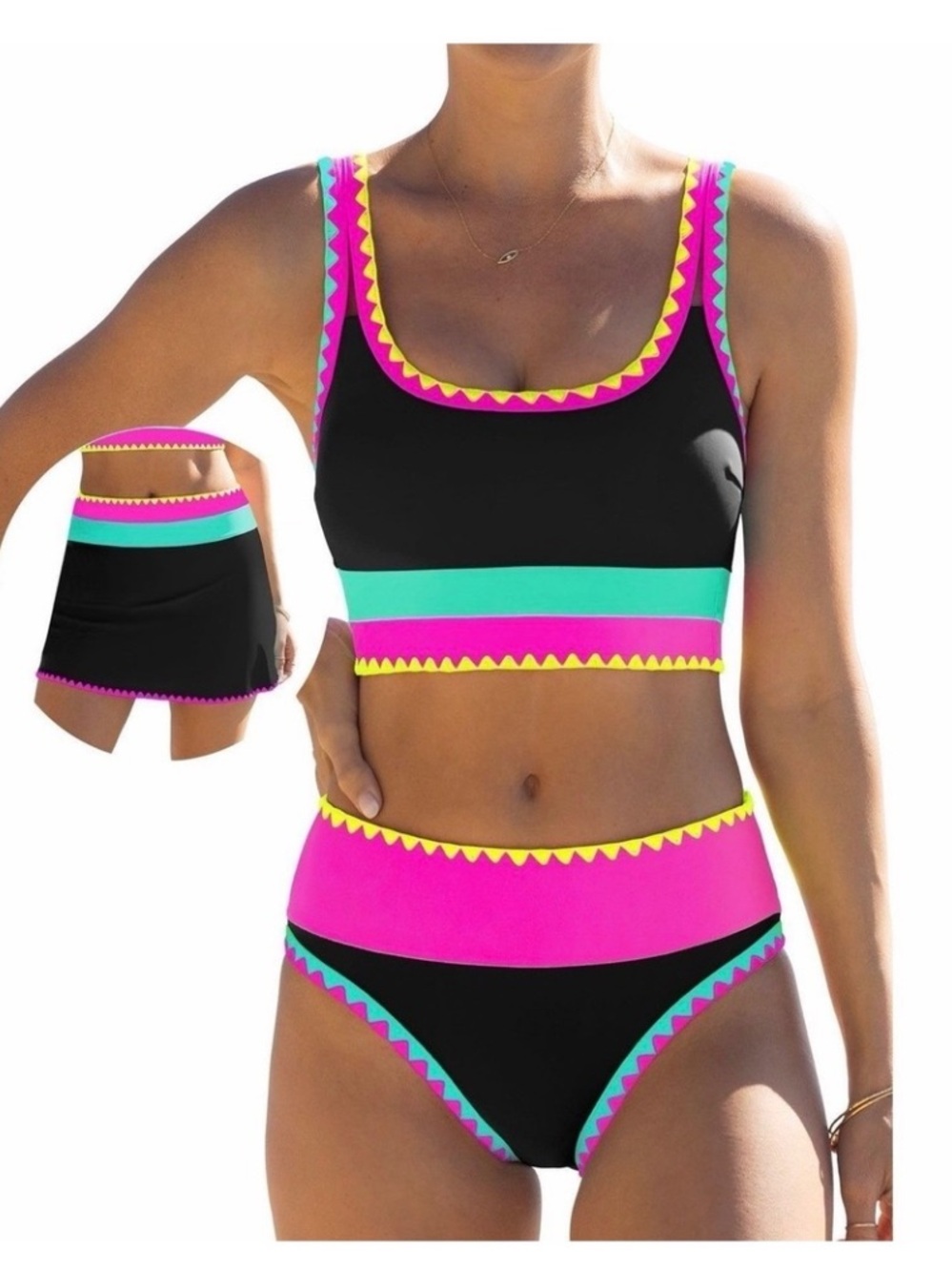 NWT Popvil Bikini Set with Pink and Teal Trim - Women's High-Waist Two-Piece